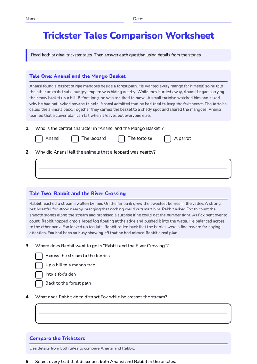 Trickster Tales Comparison Worksheet