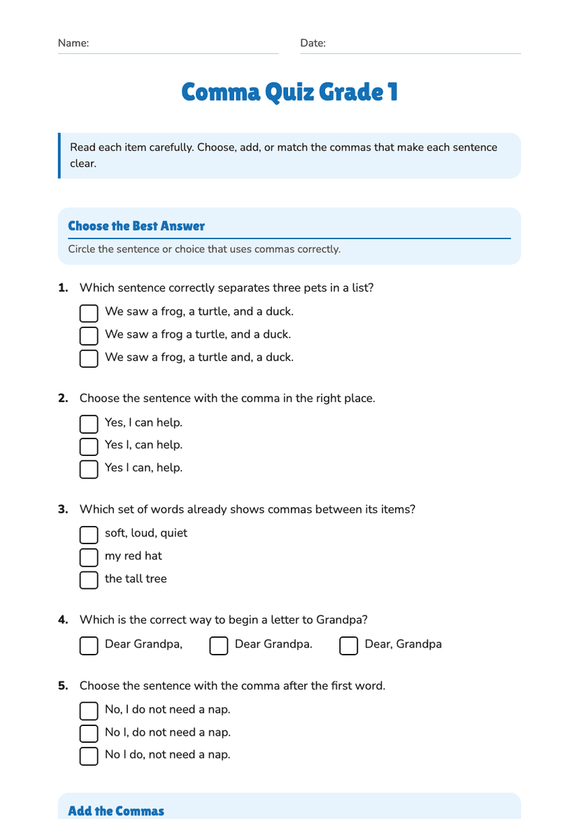 Comma Quiz Grade 1