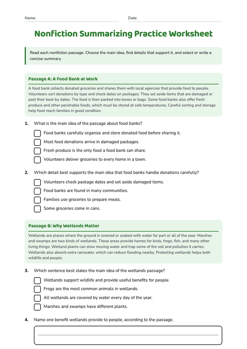 Nonfiction Summarizing Practice Worksheet