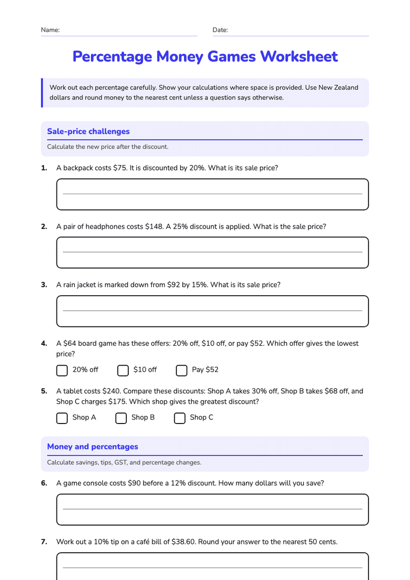 Percentage Money Games Worksheet