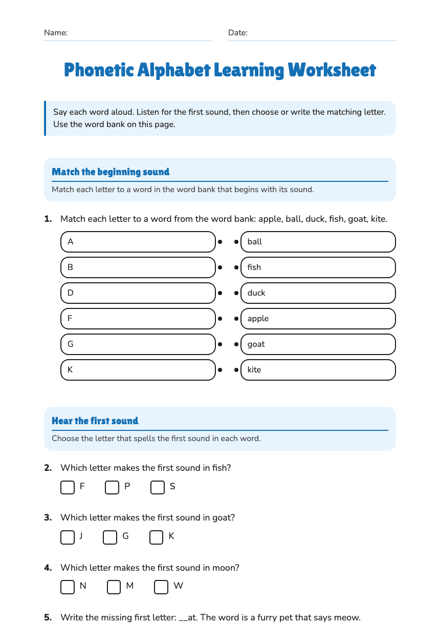 Phonetic Alphabet Learning Worksheet worksheet preview