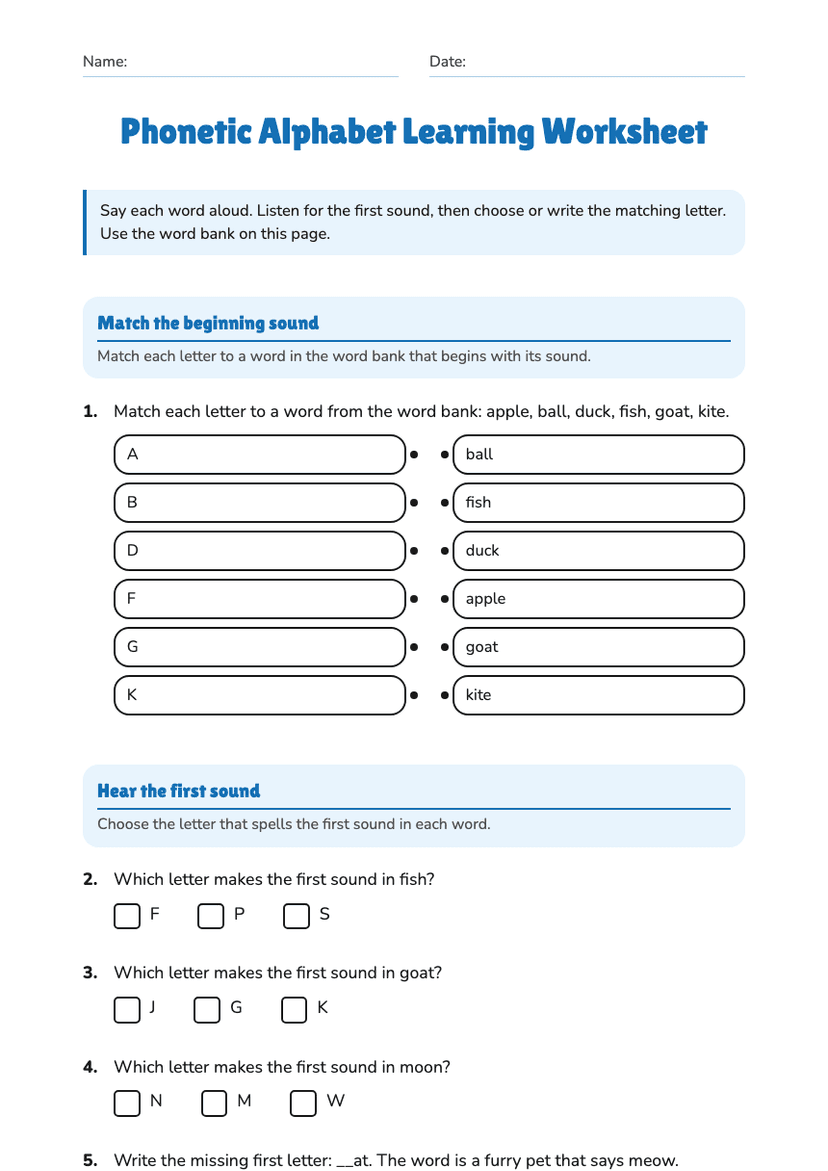 Phonetic Alphabet Learning Worksheet