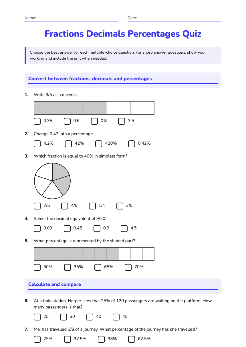 Fractions Decimals Percentages Quiz worksheet preview