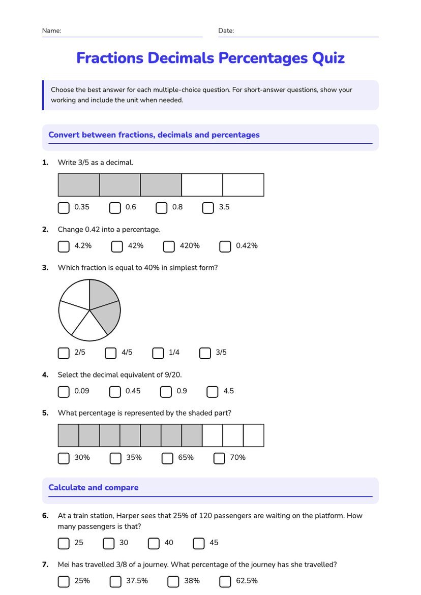 Fractions Decimals Percentages Quiz