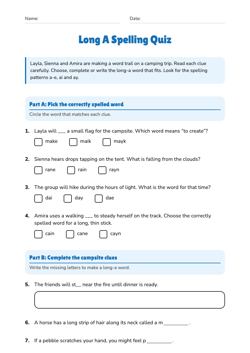 Long A Spelling Quiz worksheet preview