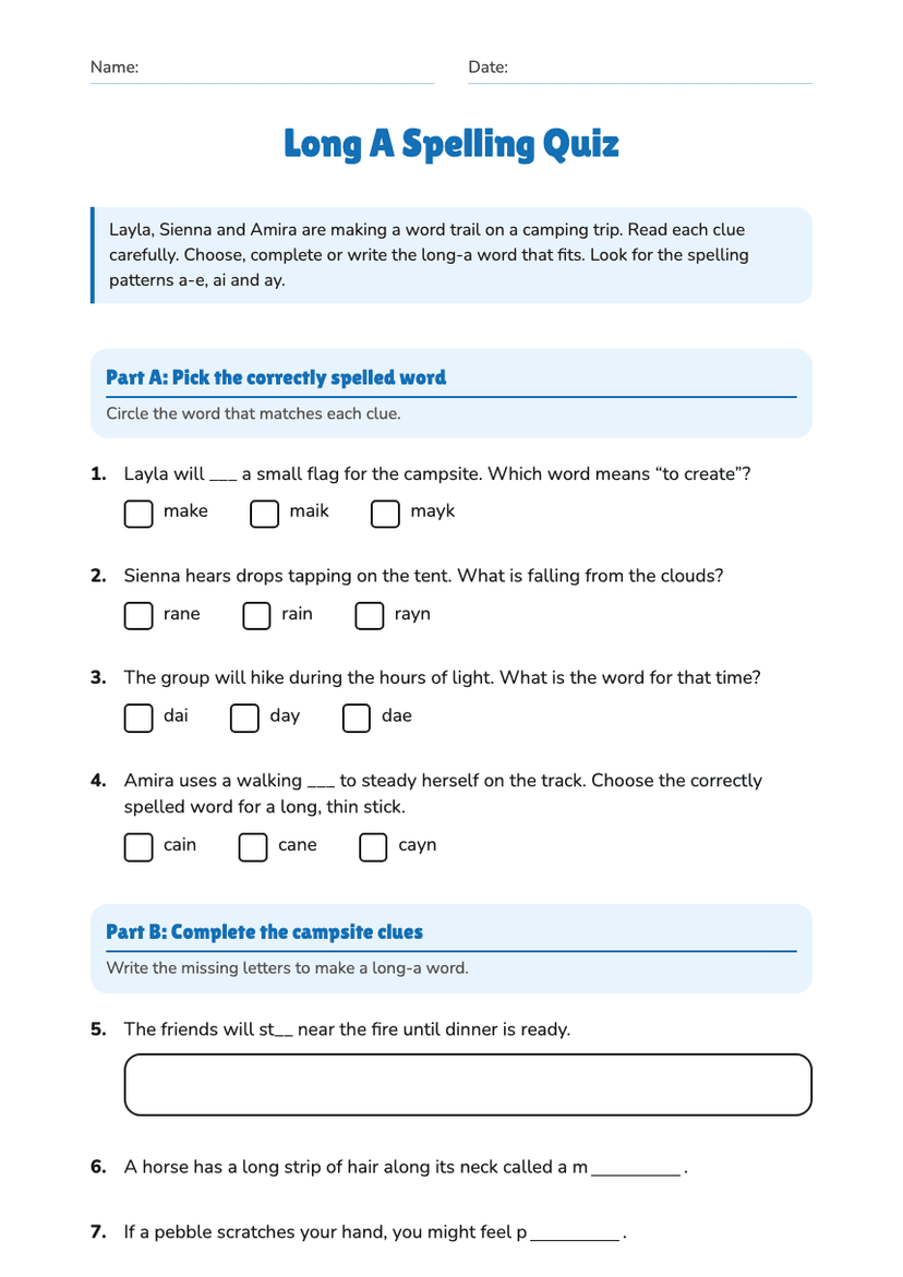 Long A Spelling Quiz