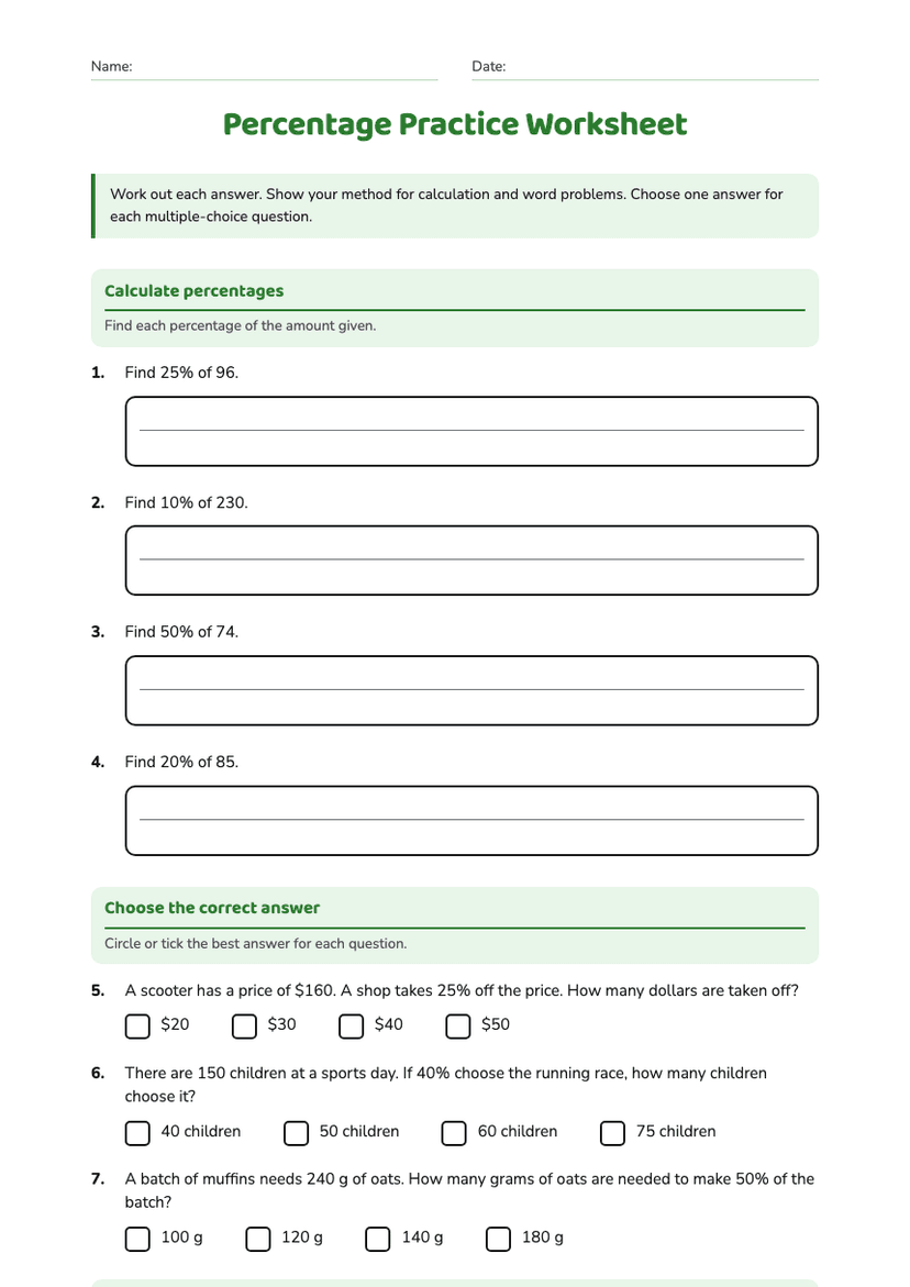 Percentage Practice Worksheet