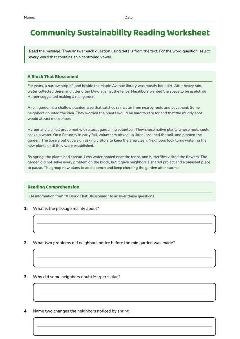 Community Sustainability Reading Worksheet