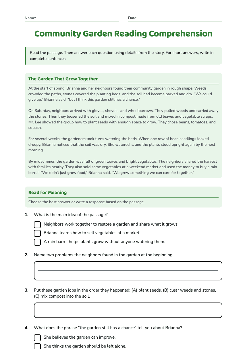 Community Garden Reading Comprehension worksheet preview