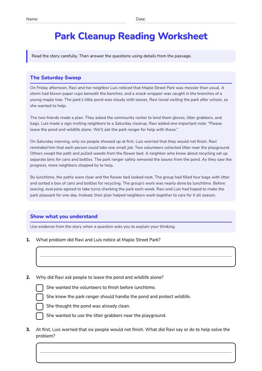 Park Cleanup Reading Worksheet worksheet preview