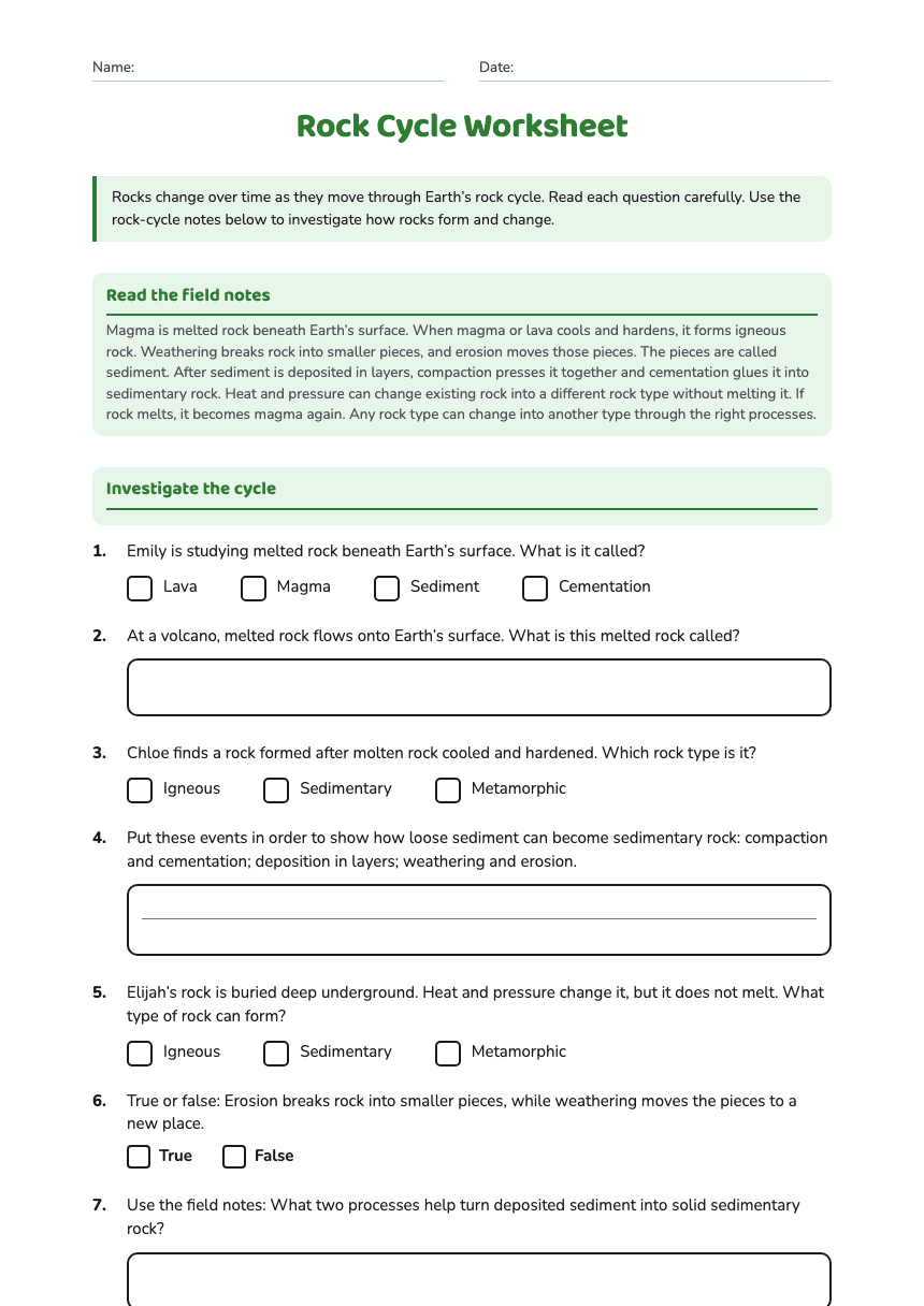 Rock Cycle Worksheet worksheet preview