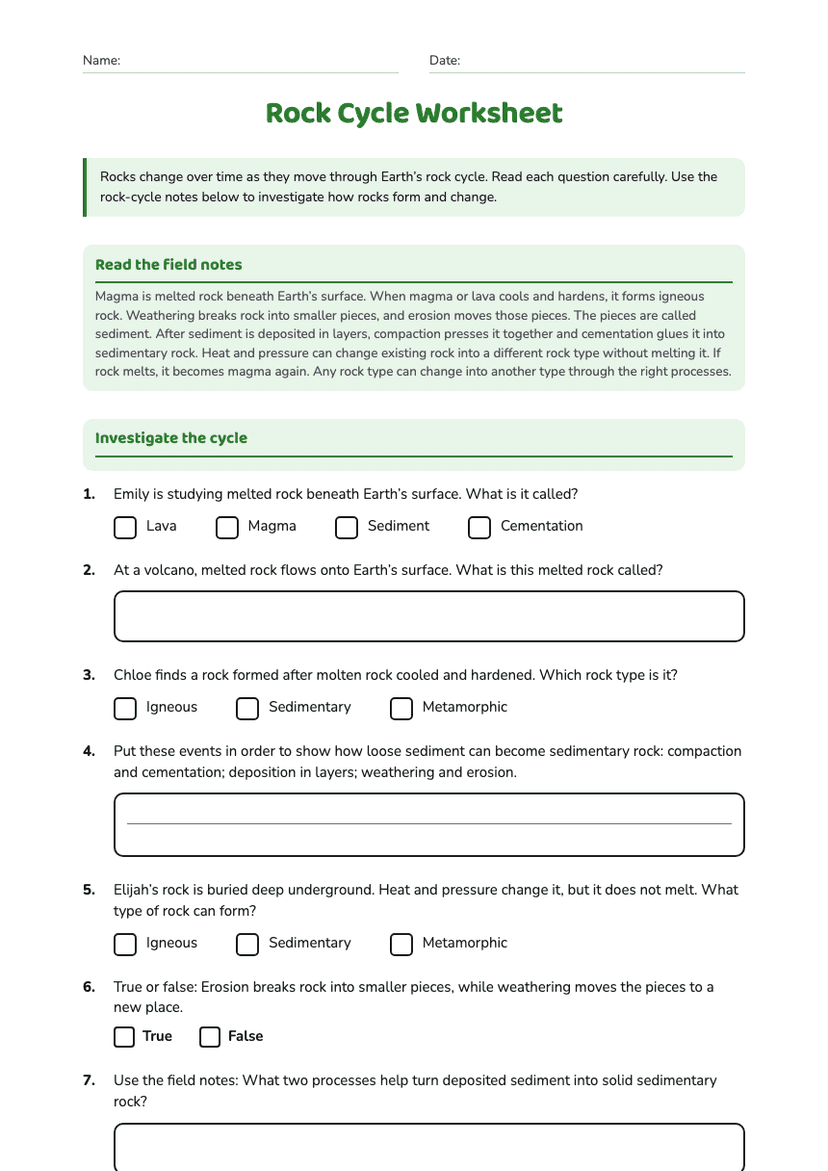 Rock Cycle Worksheet