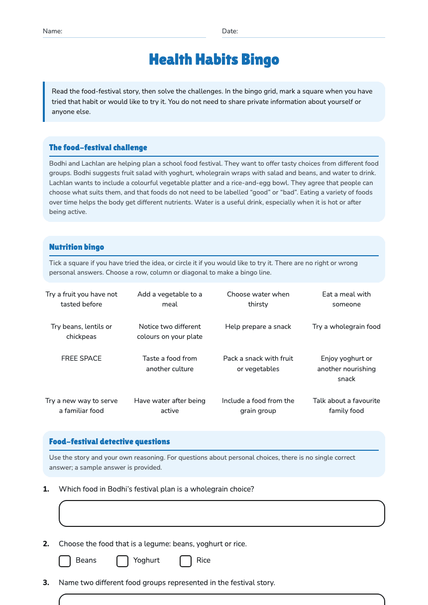 Health Habits Bingo worksheet preview