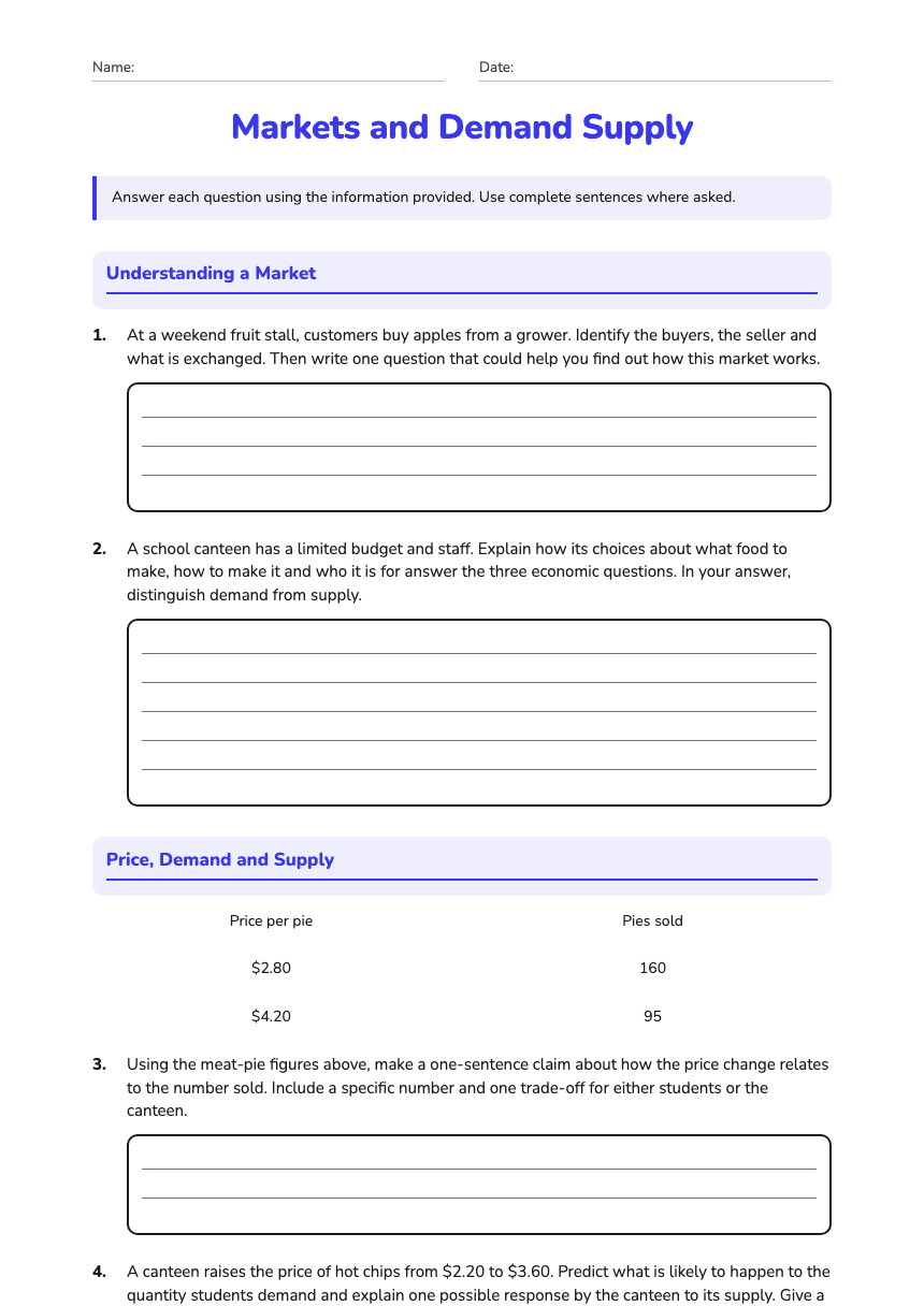 Markets and Demand Supply worksheet preview