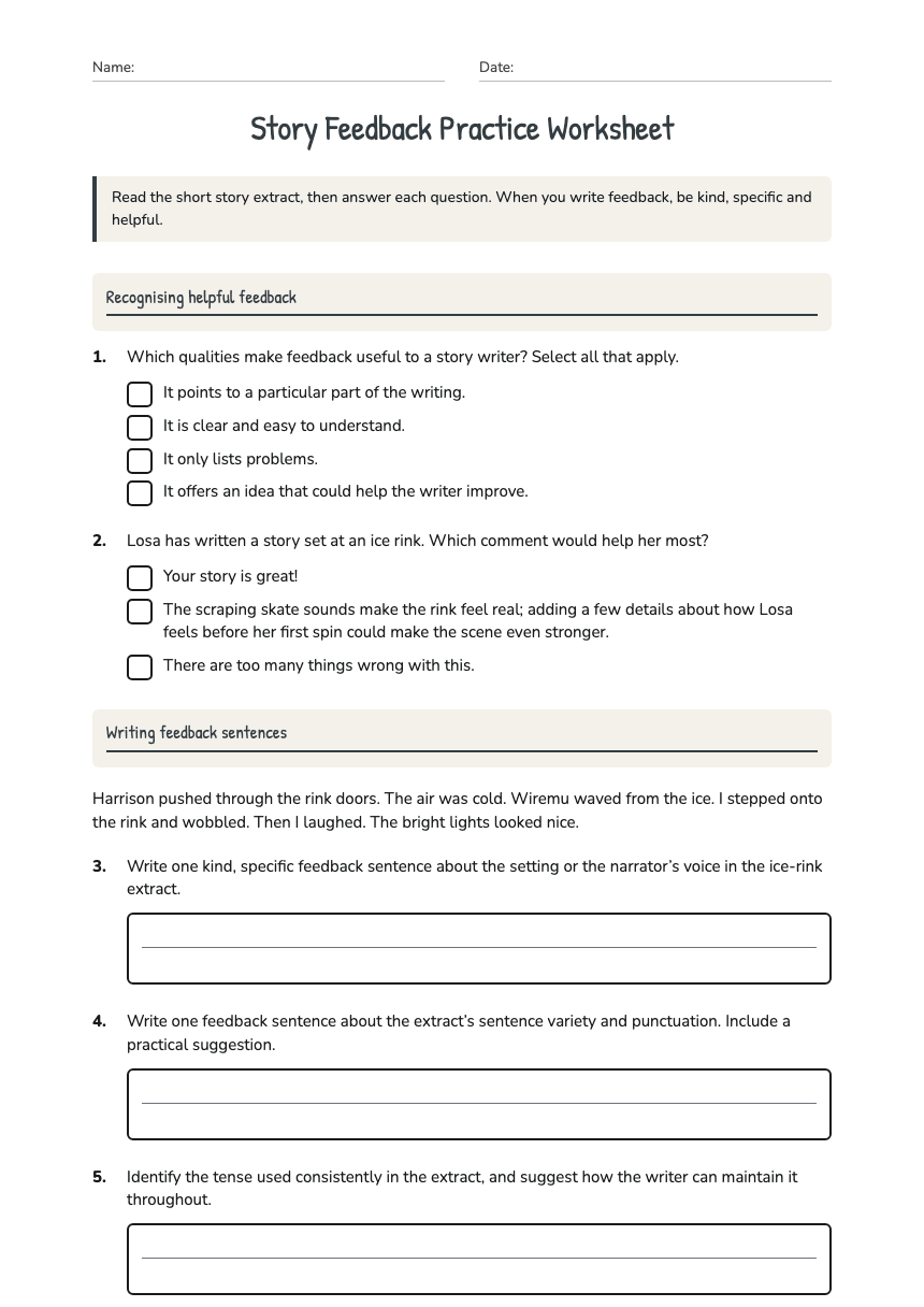 Story Feedback Practice Worksheet worksheet preview