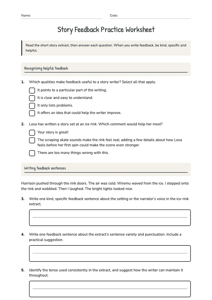 Story Feedback Practice Worksheet
