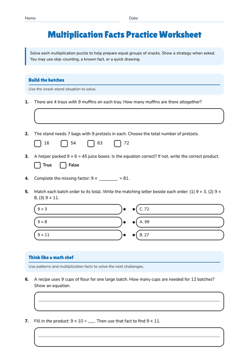 Multiplication Facts Practice Worksheet