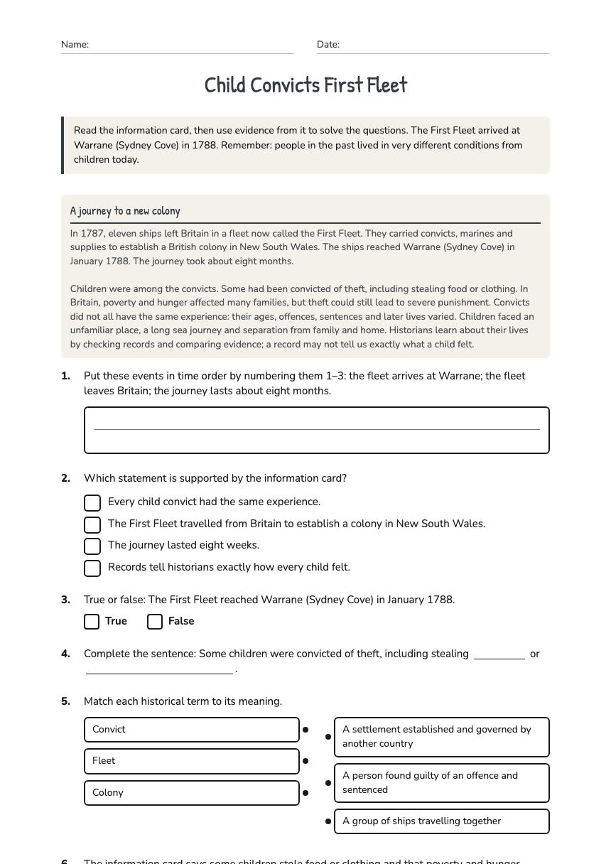 Child Convicts First Fleet worksheet preview