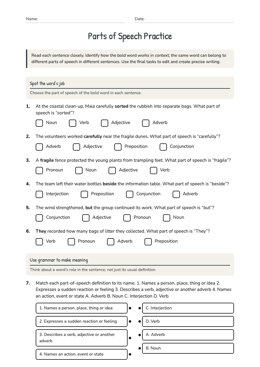 Parts of Speech Practice worksheet preview
