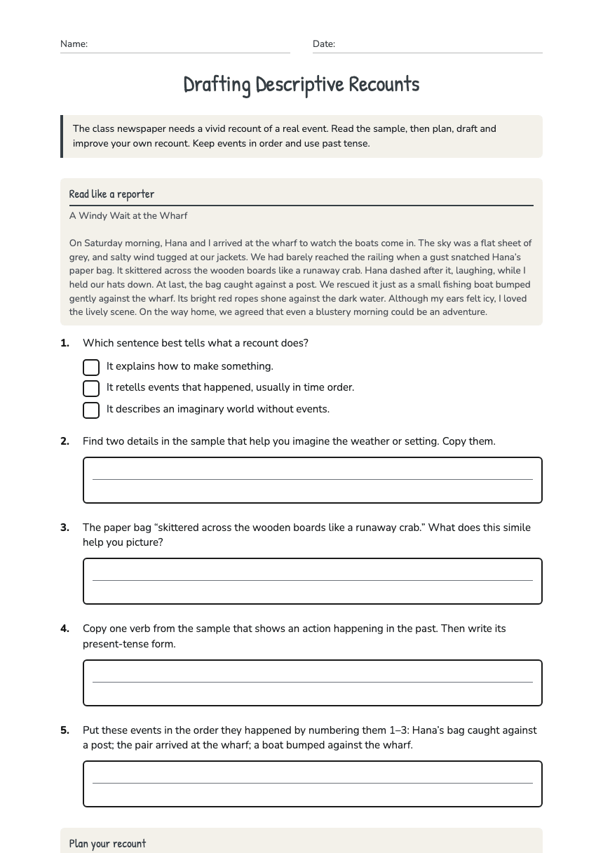 Drafting Descriptive Recounts worksheet preview