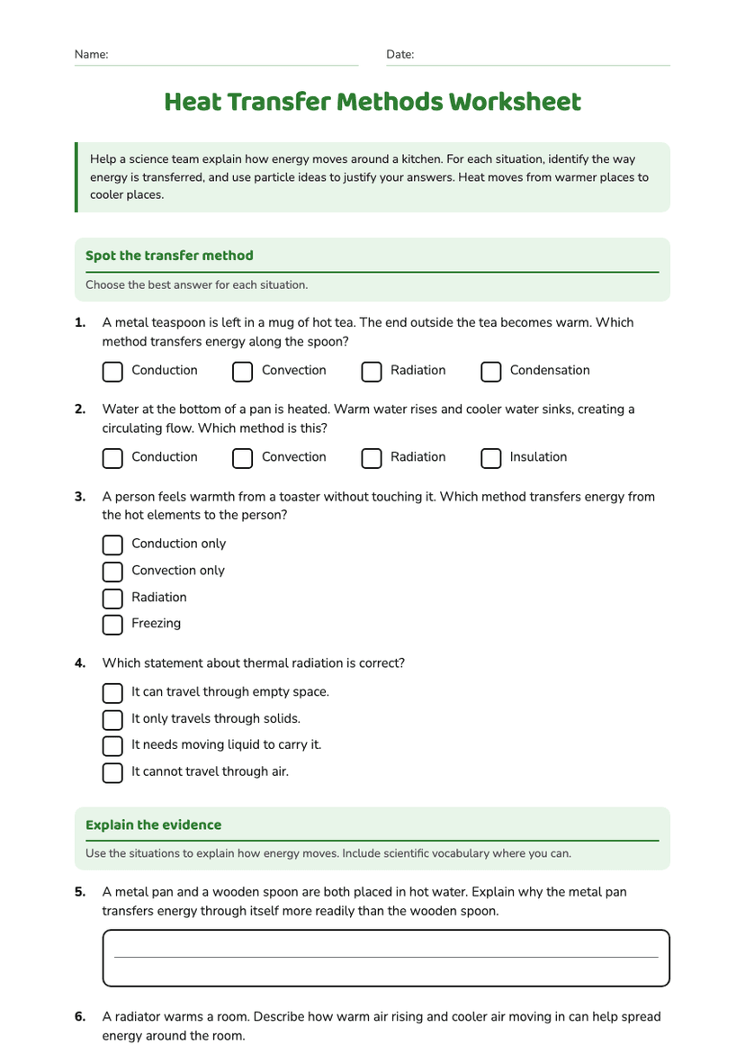 Heat Transfer Methods Worksheet