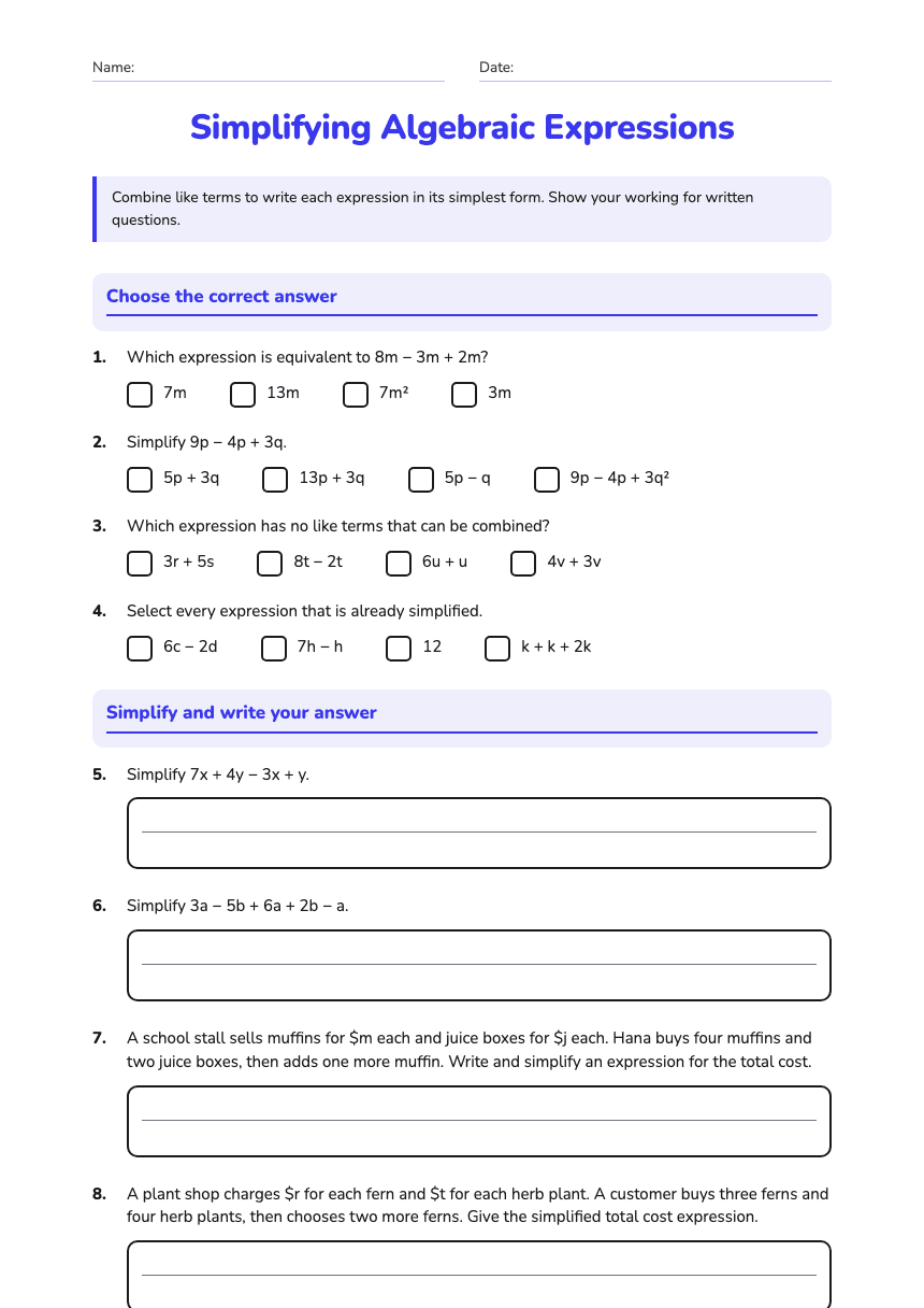 Simplifying Algebraic Expressions worksheet preview