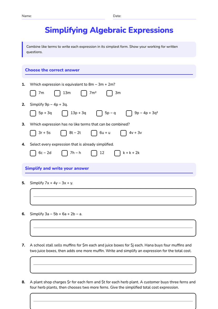 Simplifying Algebraic Expressions