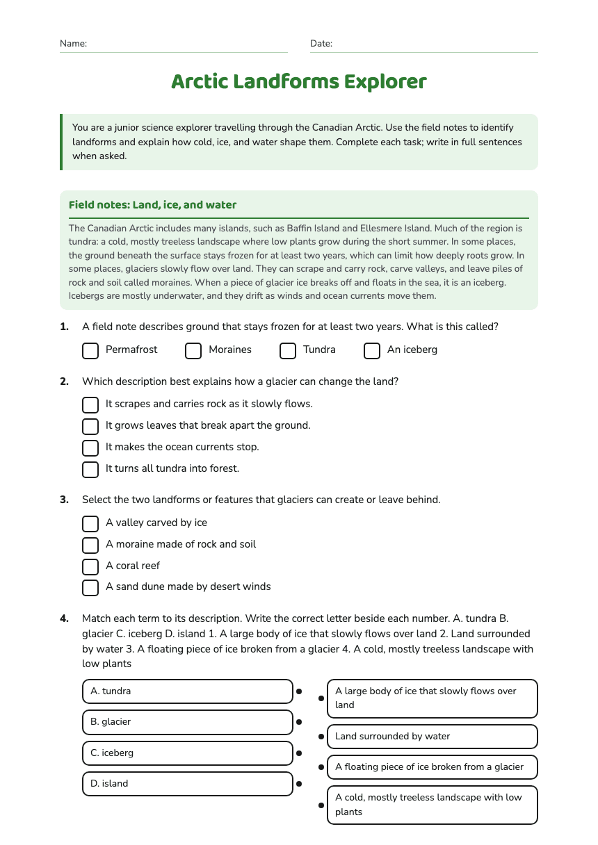 Arctic Landforms Explorer worksheet preview