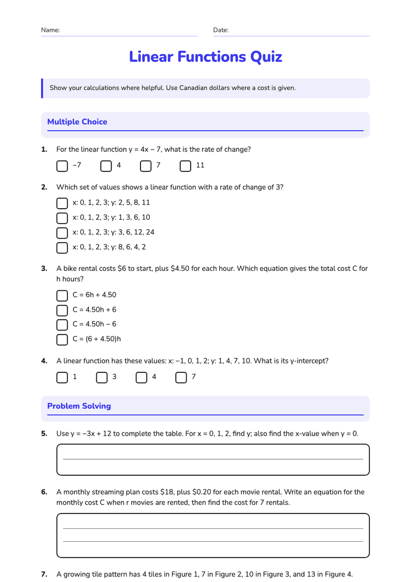Linear Functions Quiz