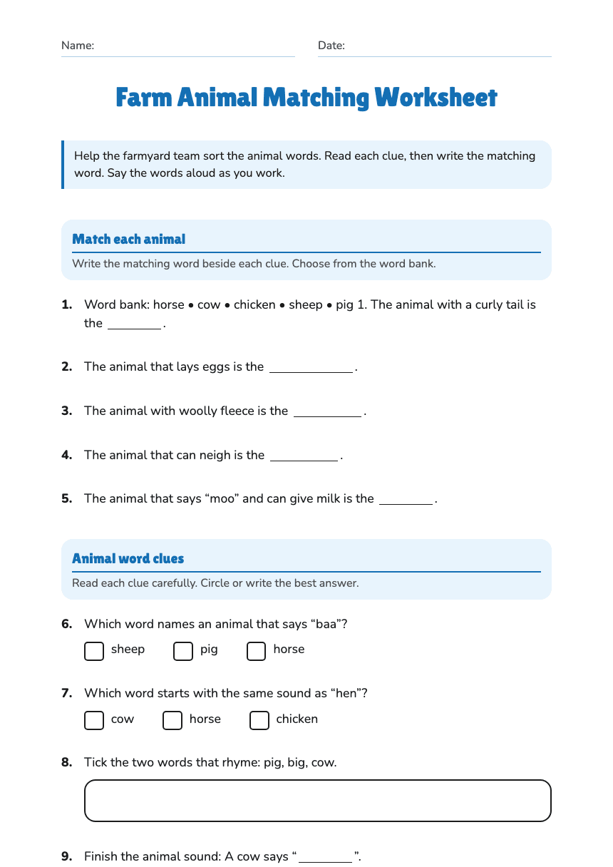 Farm Animal Matching Worksheet worksheet preview
