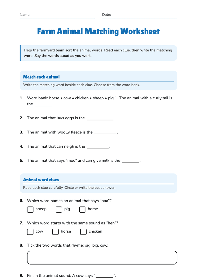 Farm Animal Matching Worksheet