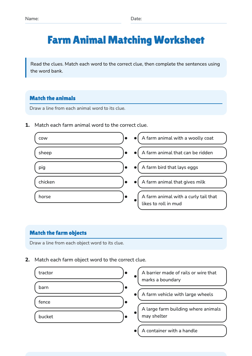 Farm Animal Matching Worksheet worksheet preview