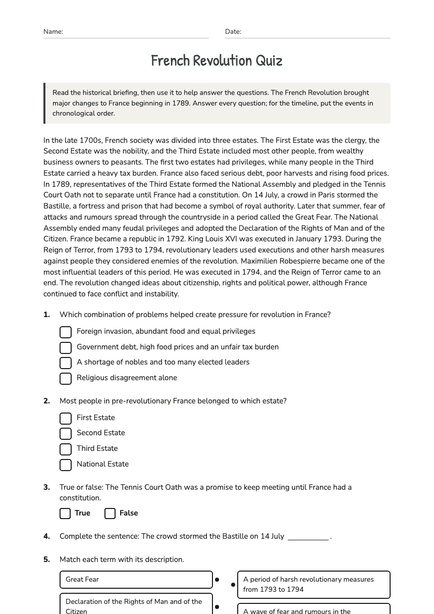 French Revolution Quiz worksheet preview