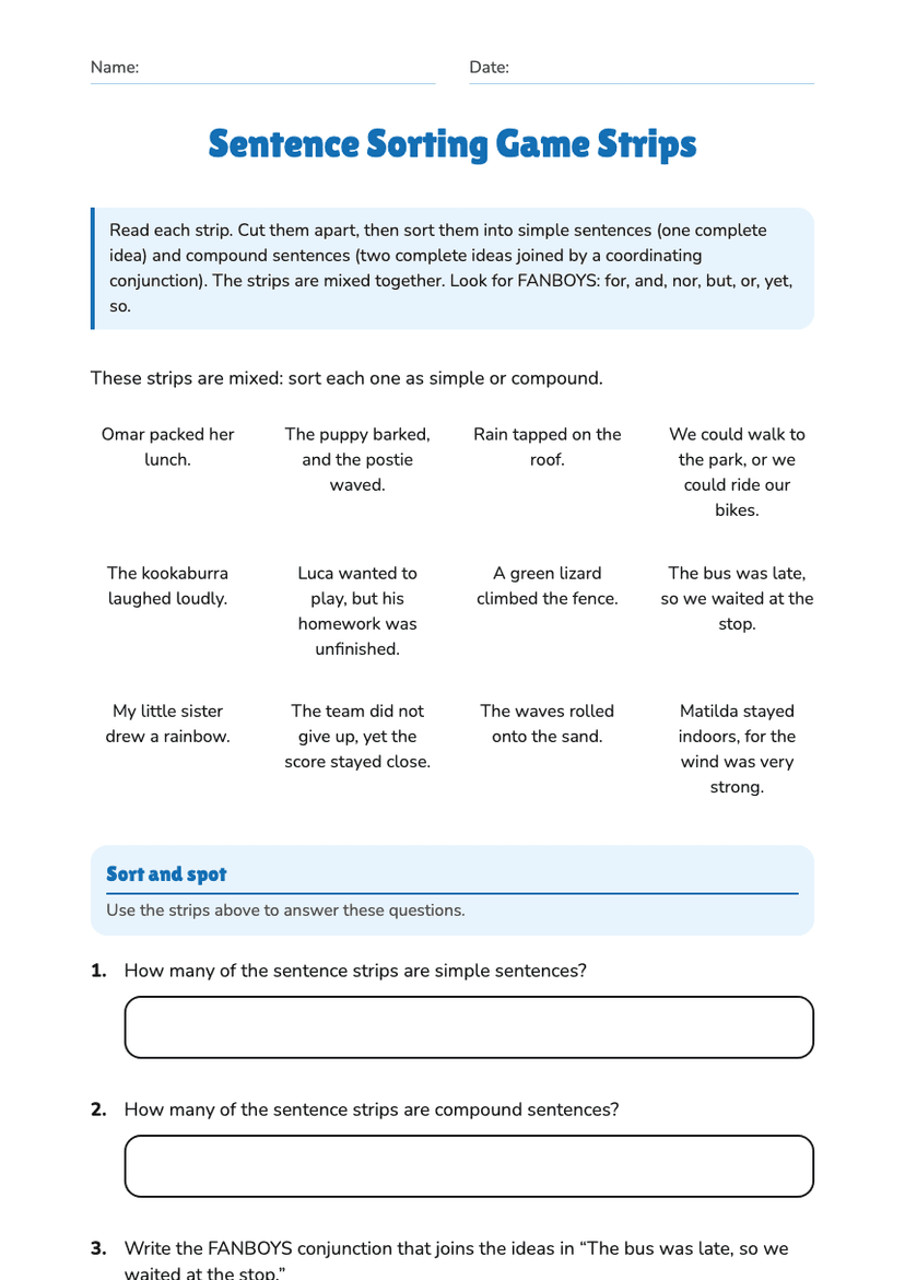 Sentence Sorting Game Strips