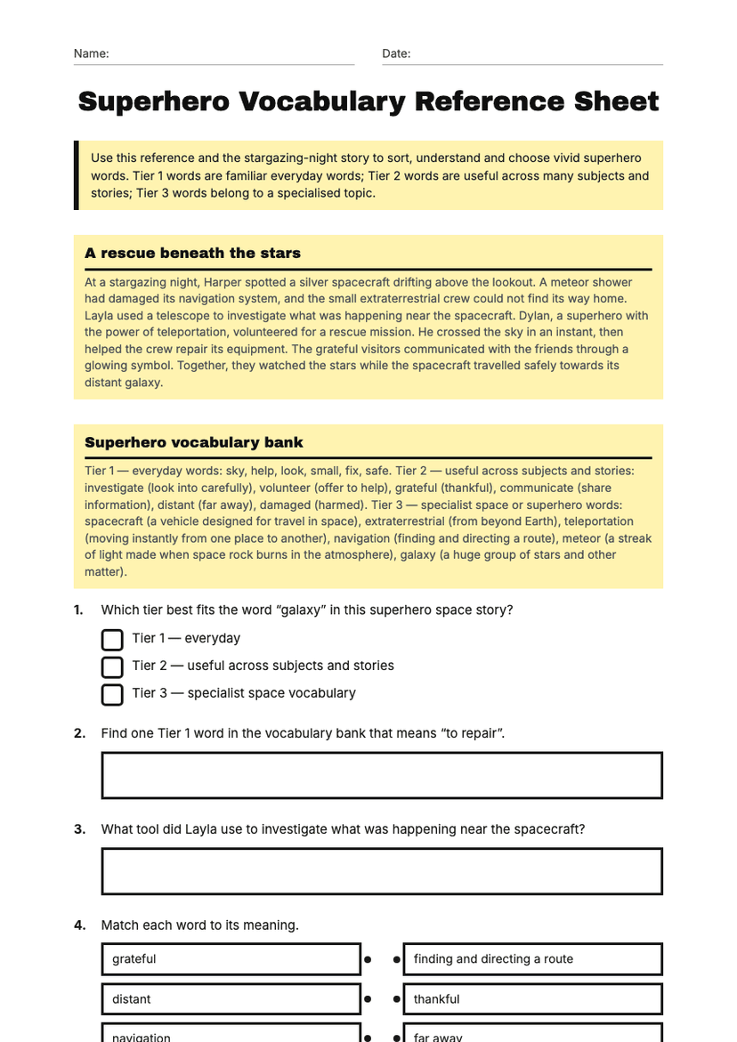 Superhero Vocabulary Reference Sheet