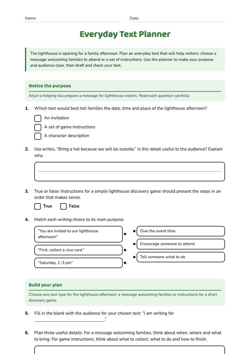 Everyday Text Planner worksheet preview