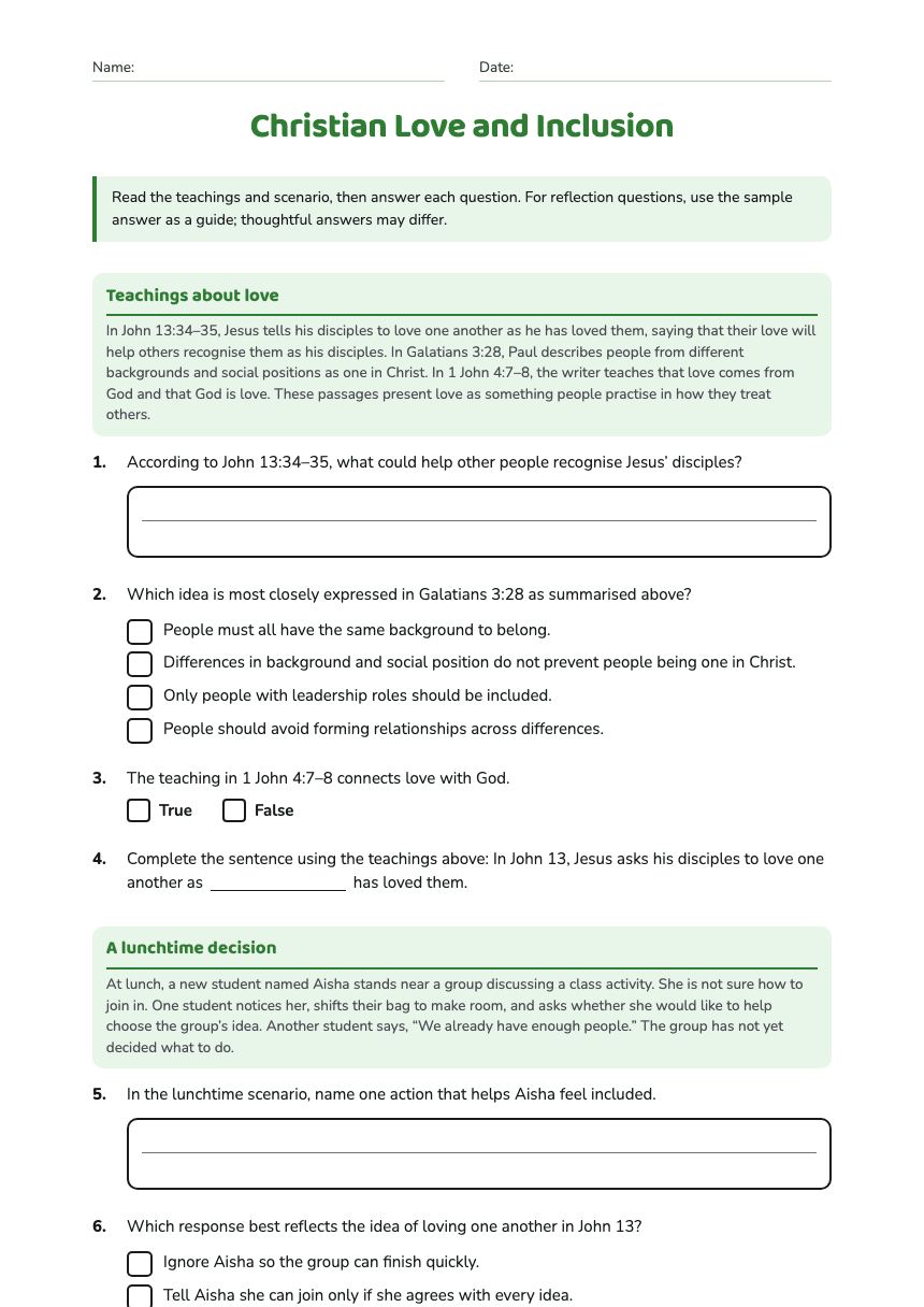 Christian Love and Inclusion worksheet preview