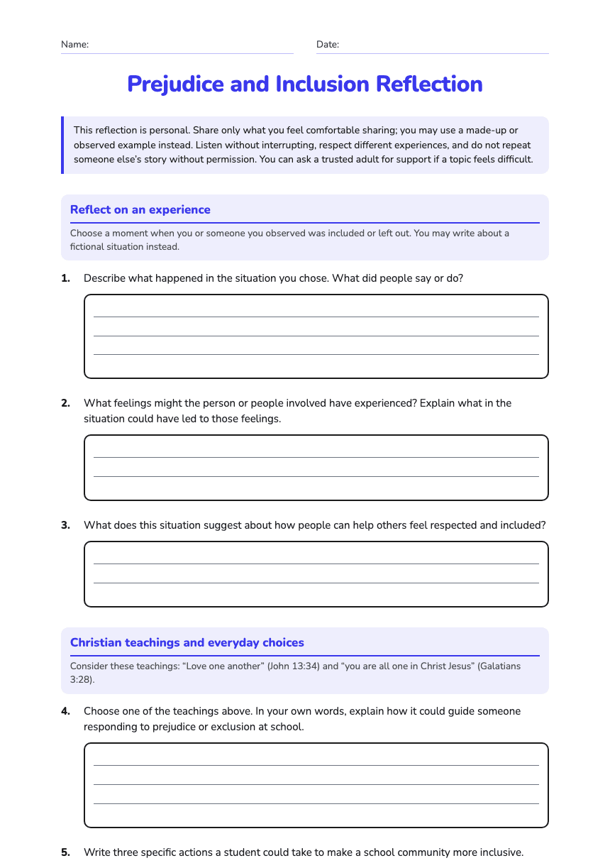 Prejudice and Inclusion Reflection worksheet preview