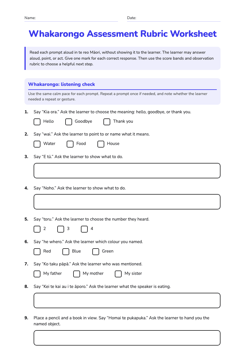 Whakarongo Assessment Rubric Worksheet worksheet preview