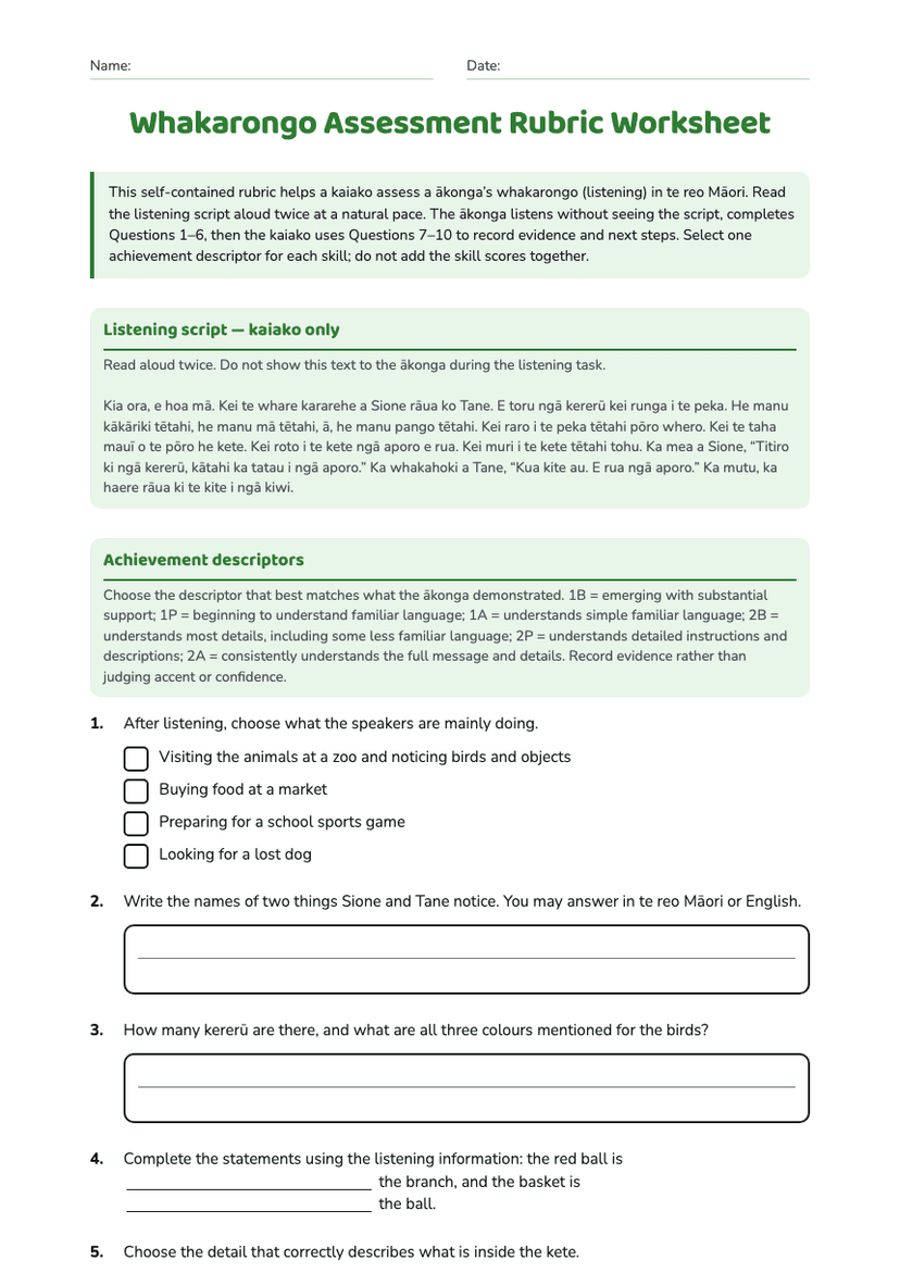 Whakarongo Assessment Rubric Worksheet
