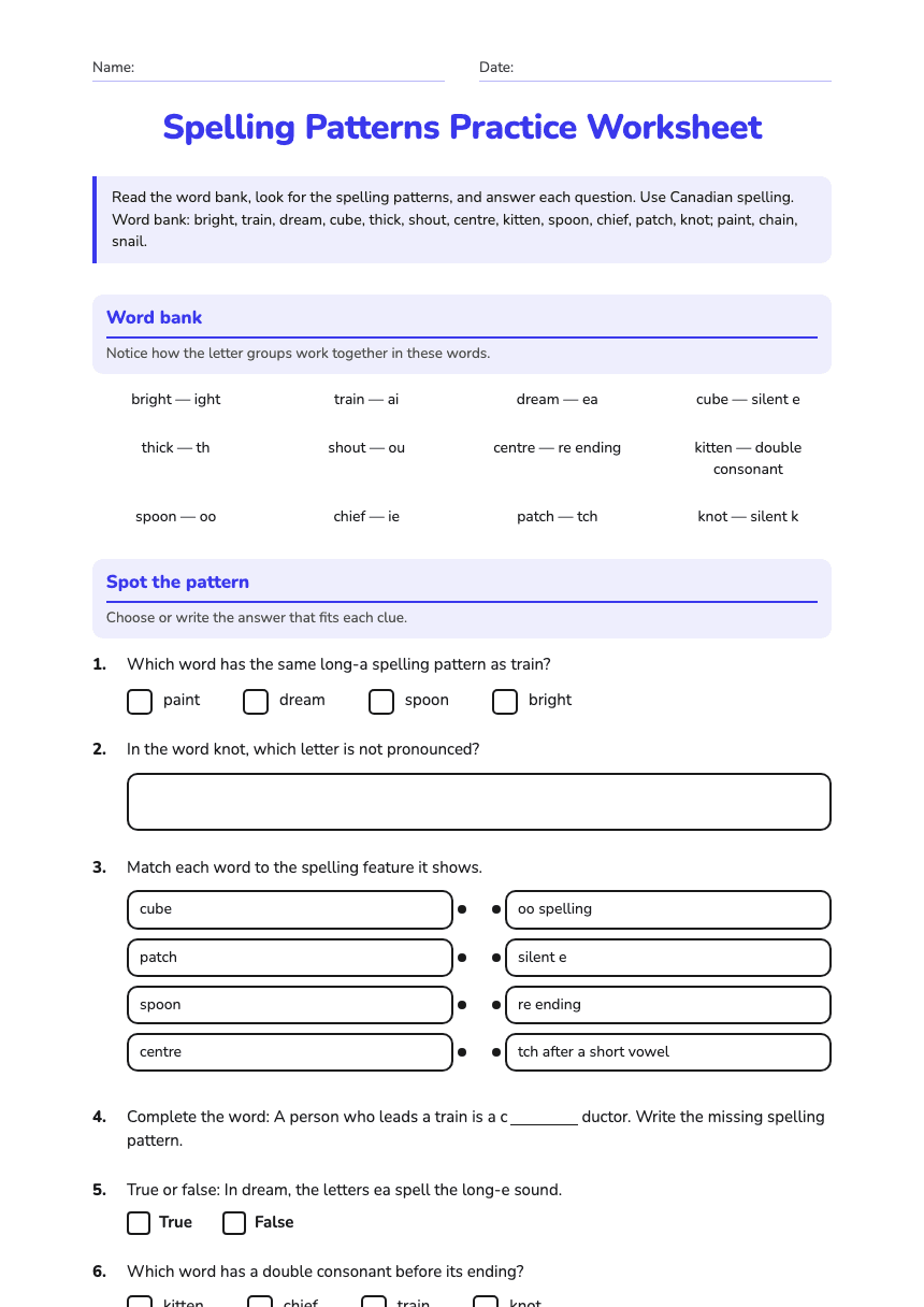 Spelling Patterns Practice Worksheet worksheet preview