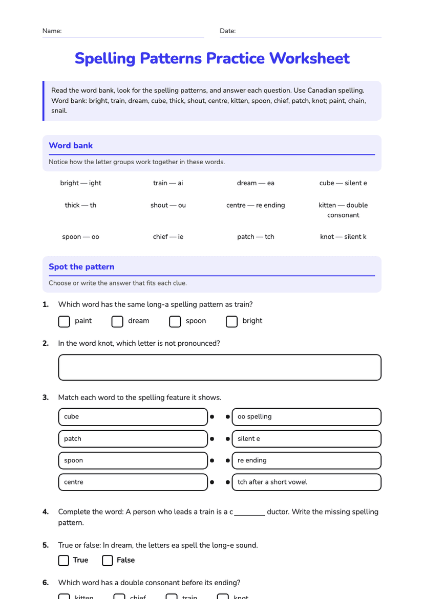 Spelling Patterns Practice Worksheet