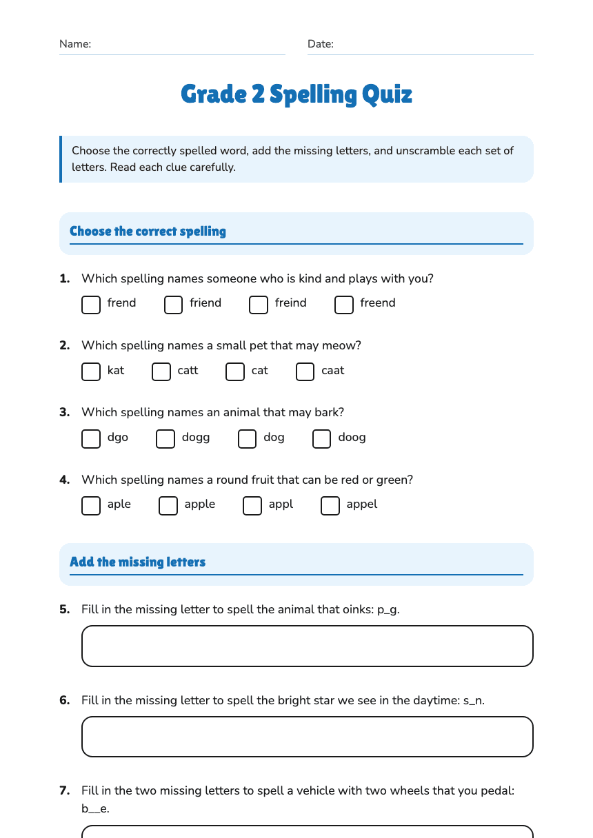 Grade 2 Spelling Quiz worksheet preview