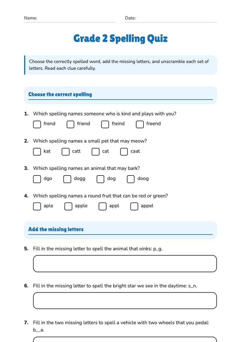 Grade 2 Spelling Quiz