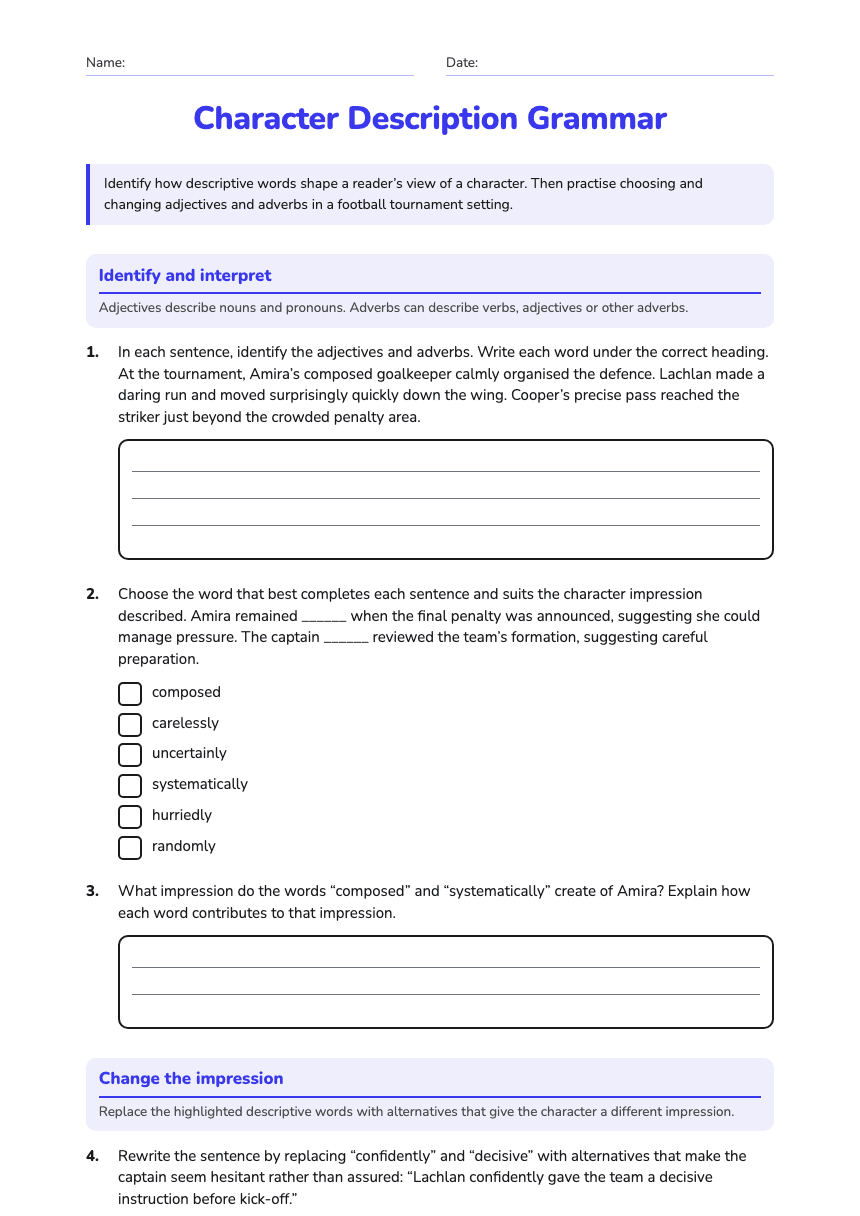 Character Description Grammar worksheet preview