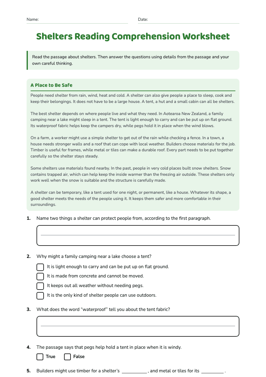 Shelters Reading Comprehension Worksheet worksheet preview