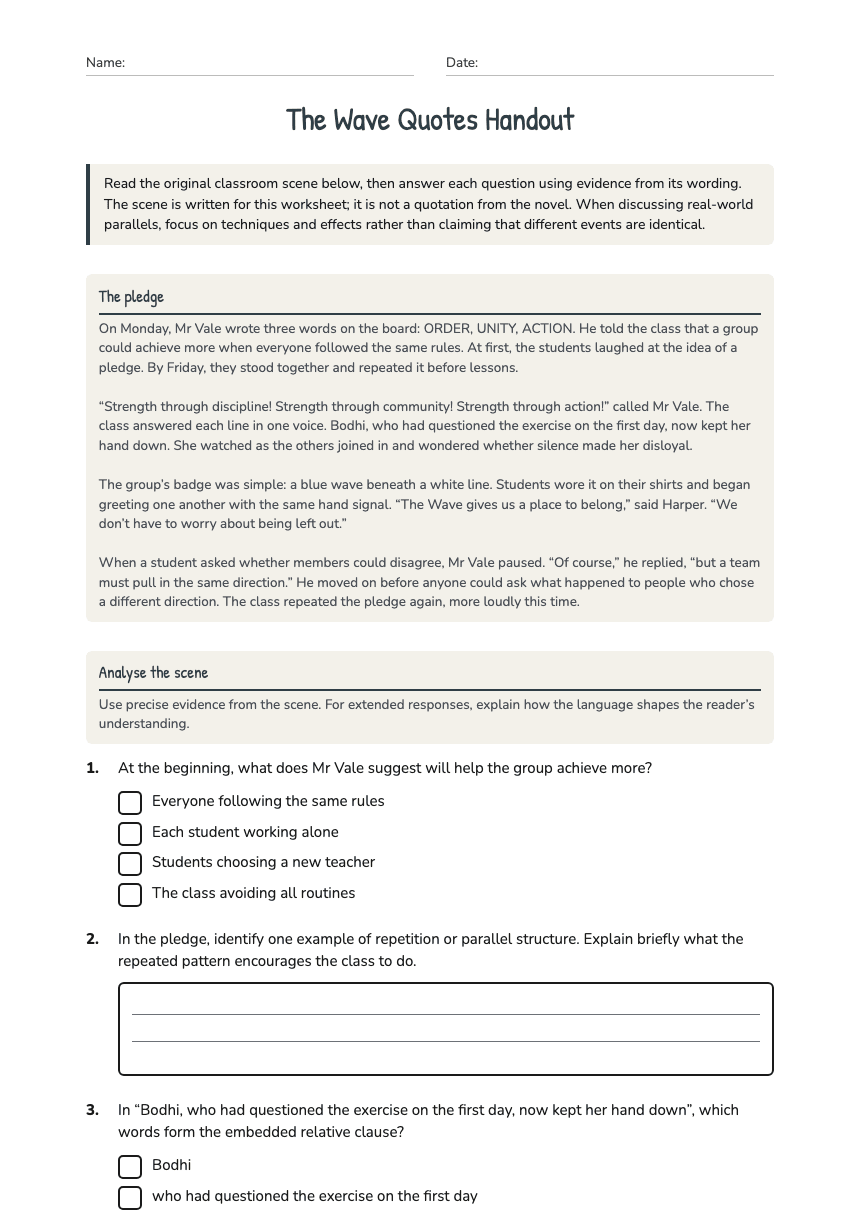 The Wave Quotes Handout worksheet preview