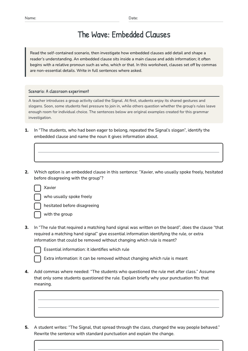 The Wave: Embedded Clauses worksheet preview