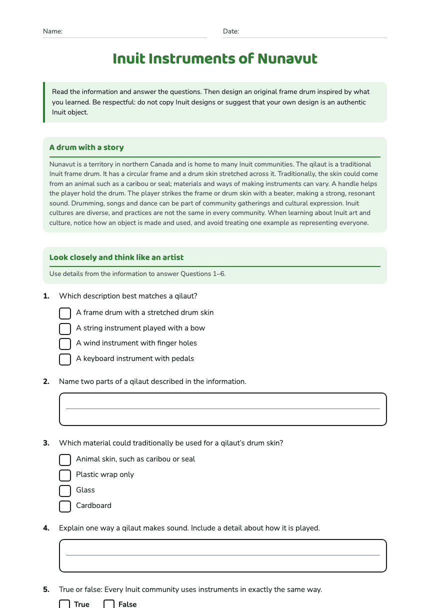 Inuit Instruments of Nunavut worksheet preview