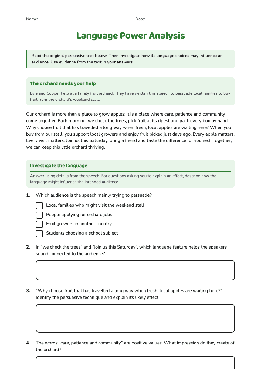 Language Power Analysis worksheet preview